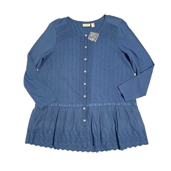 LOGO Lori Goldstein Size XS Blue Woven Modal Blouse Embroidered Eyelet Tunic - Picture 1 of 7